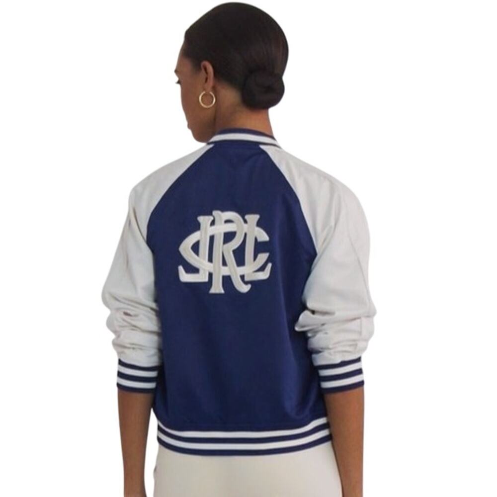 New Women's Ralph Lauren Embroidered Satin Bomber Jacket Blue MSRP $395 - Medium
